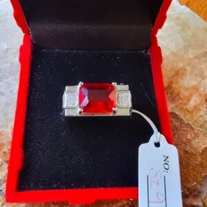 🆕️ Men's Sterling Silver Garnet Lab and Clear Cz Ring Size 9